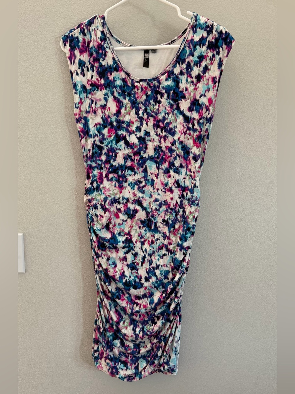 Kut from the Kloth Sleeveless Midi Dress in Blue, Pink & White Abstract Print